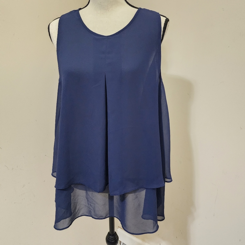 BCBGeneration‎ Large Sleeveless Top Tiered Layering Flowy Chiffon Sheer Hem Navy